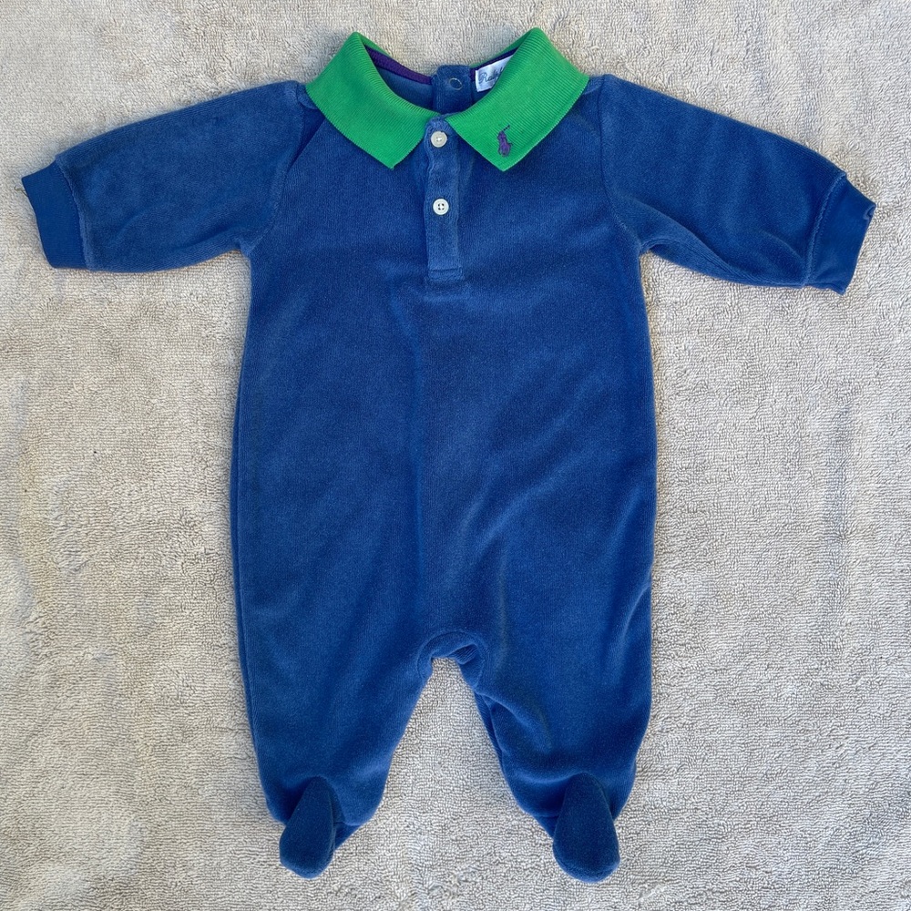 Ralph Lauren Baby Blue Footed Terrycloth Onesie with Green Polo Collar 3 months